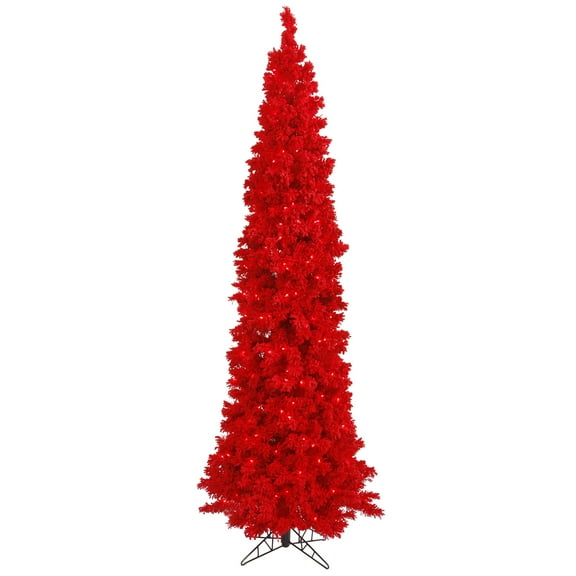 Vickerman 7.5' Flocked Red Pencil Fir Artificial Christmas Tree, Red Dura-lit LED Lights