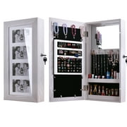 Bonnlo Jewelry Armoire w/ Photo Frame, Off-White Organize Storage Cabinet w/ Mirror, Wall Mount