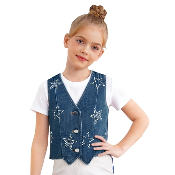 Hansber Girls Denim Jacket Sleeveless V-neck Rhinestone Stars Jean Waistcoat Cowgirl Vest Cowboy Outerwear Gilet Blue 6