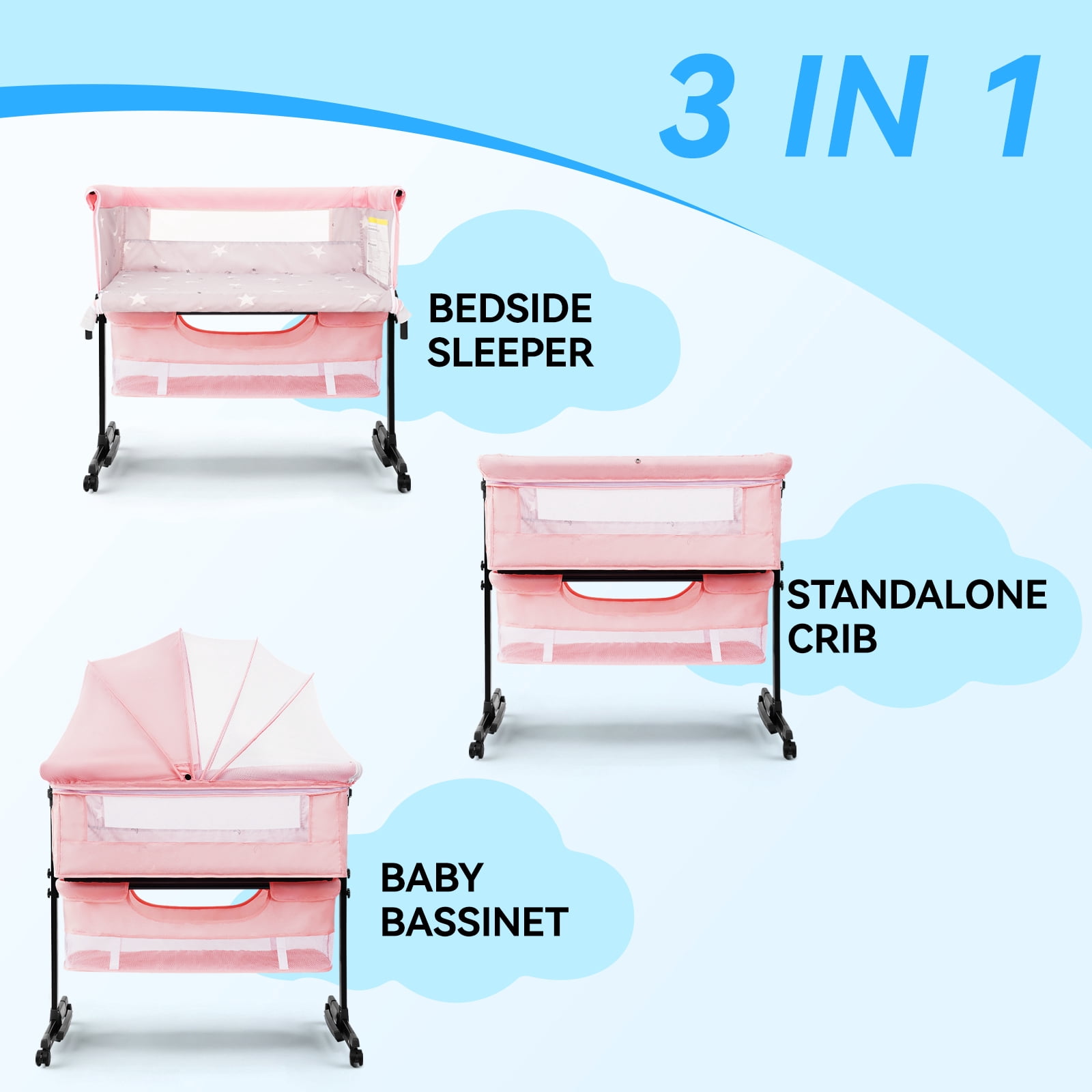 kmaier Baby Bassinet Bedside Crib Foldable Portable with Adjustable Height, Wheels, and Storage Basket,Pink