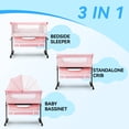 thumbnail image 3 of Bedside Baby Bassinet, Foldable Portable Sleeper with Adjustable Height, Universal Wheels & Storage Basket, Pink, 3 of 6