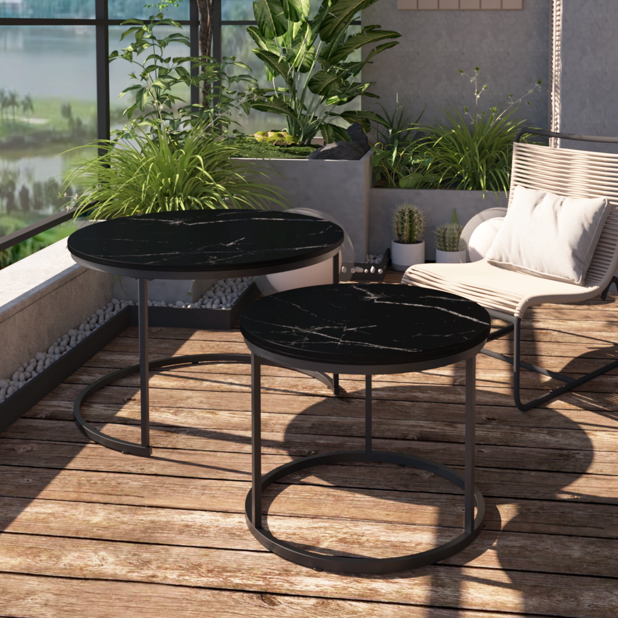 PORKISS Round Coffee Table Set of 2, 27.56" Nesting Center Tables for Living Room, 2-Piece Side Tables with Metal Frame for Living Room Home Office, Black
