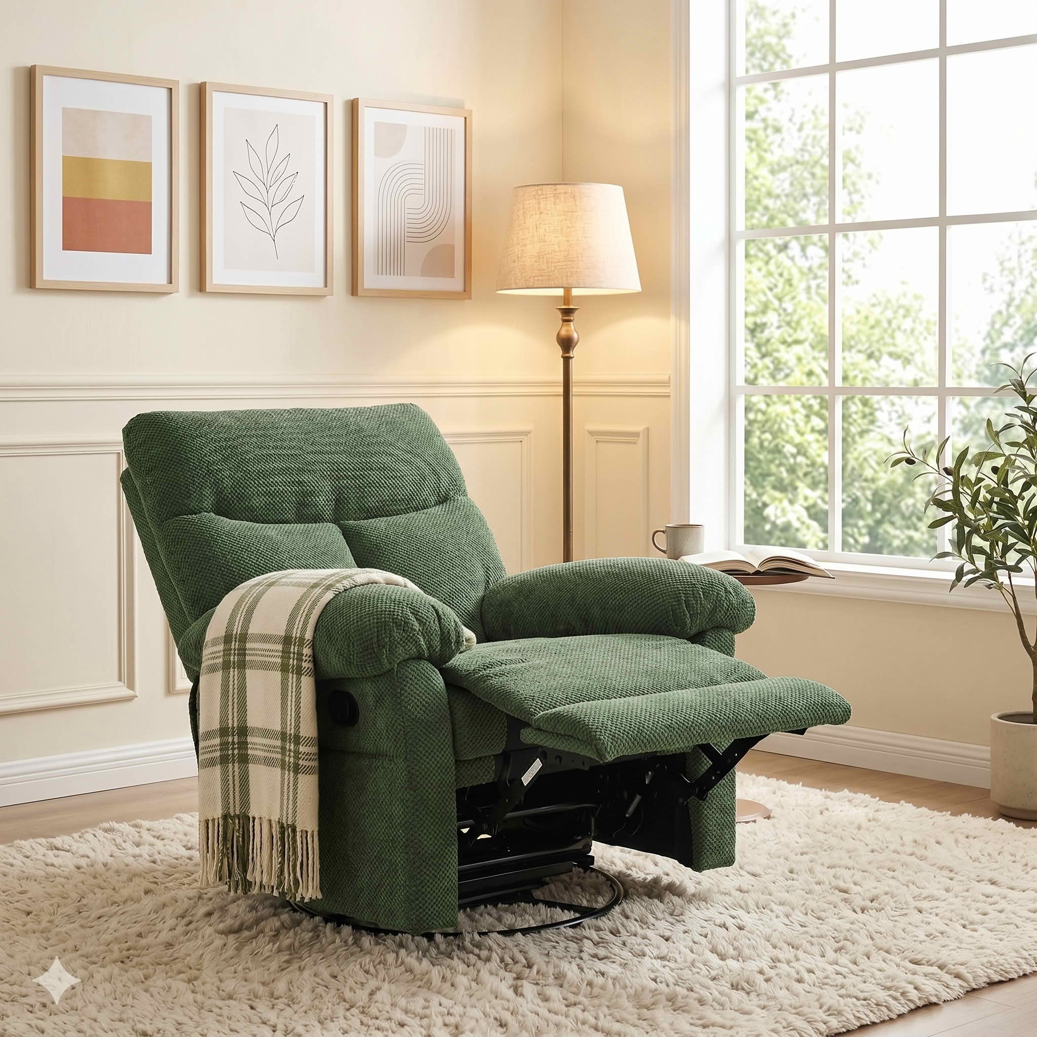 MAYEERTY 41 In Swivel Rocker Recliner, 360 Degree Manual Glider, Overstuffed, Dark Green, 300 lb