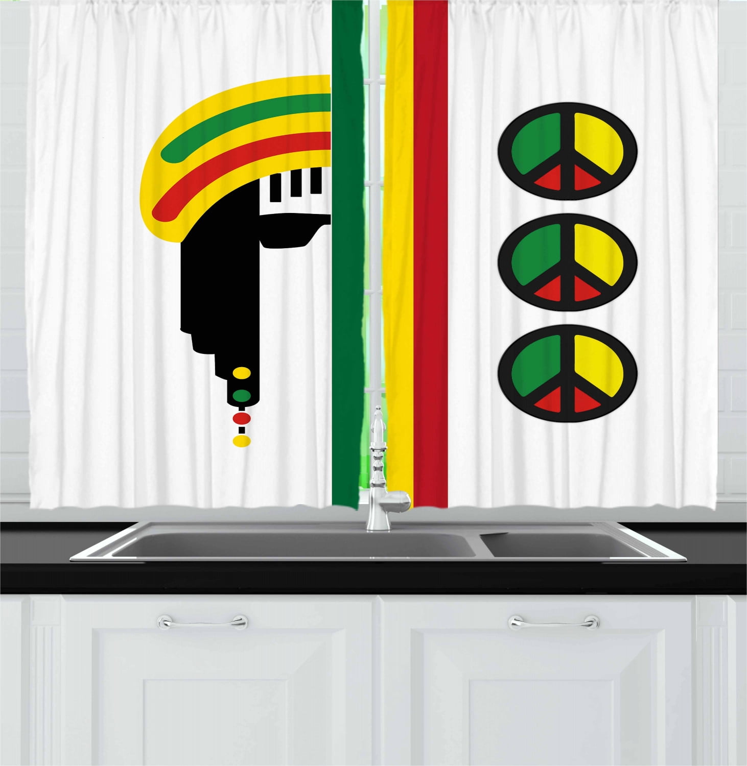 Jamaican Curtains 2 Panels Set, Abstract Minimalist Rastaman with Peace