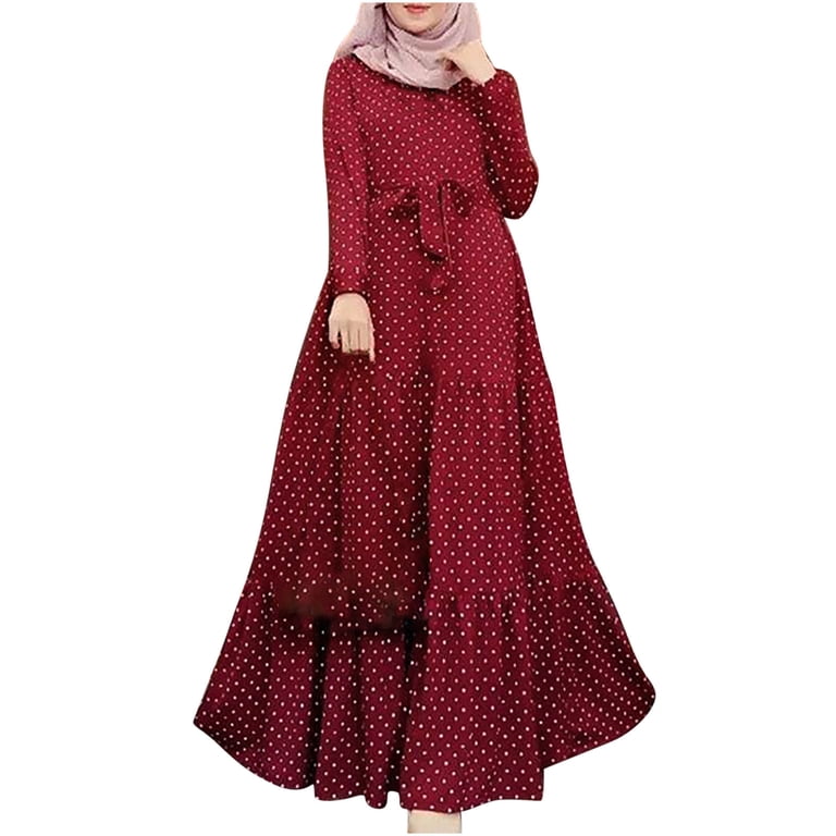 VALMASS Women's Muslim Modest Dress Dots Print Full Sleeve Belted Long Dress Ruffle Tiered Ankle Length Islamic Dress, Size: XL VALMASS Women's Muslim Modest Dress Dots Print Full Sleeve Belted Long Dress Ruffle Tiered Ankle Length Islamic Dress, Size: XL