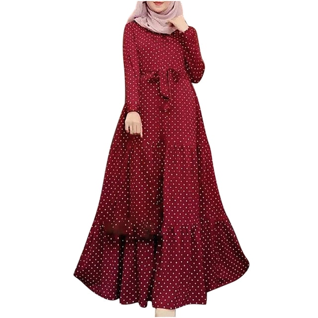 Robe Maxi d'Automne pour Femme à Manches Longues, Imprimé Bohème à Pois, Longue Robe Plissée à Étages Fluide, Robe Trapèze avec Ceinture