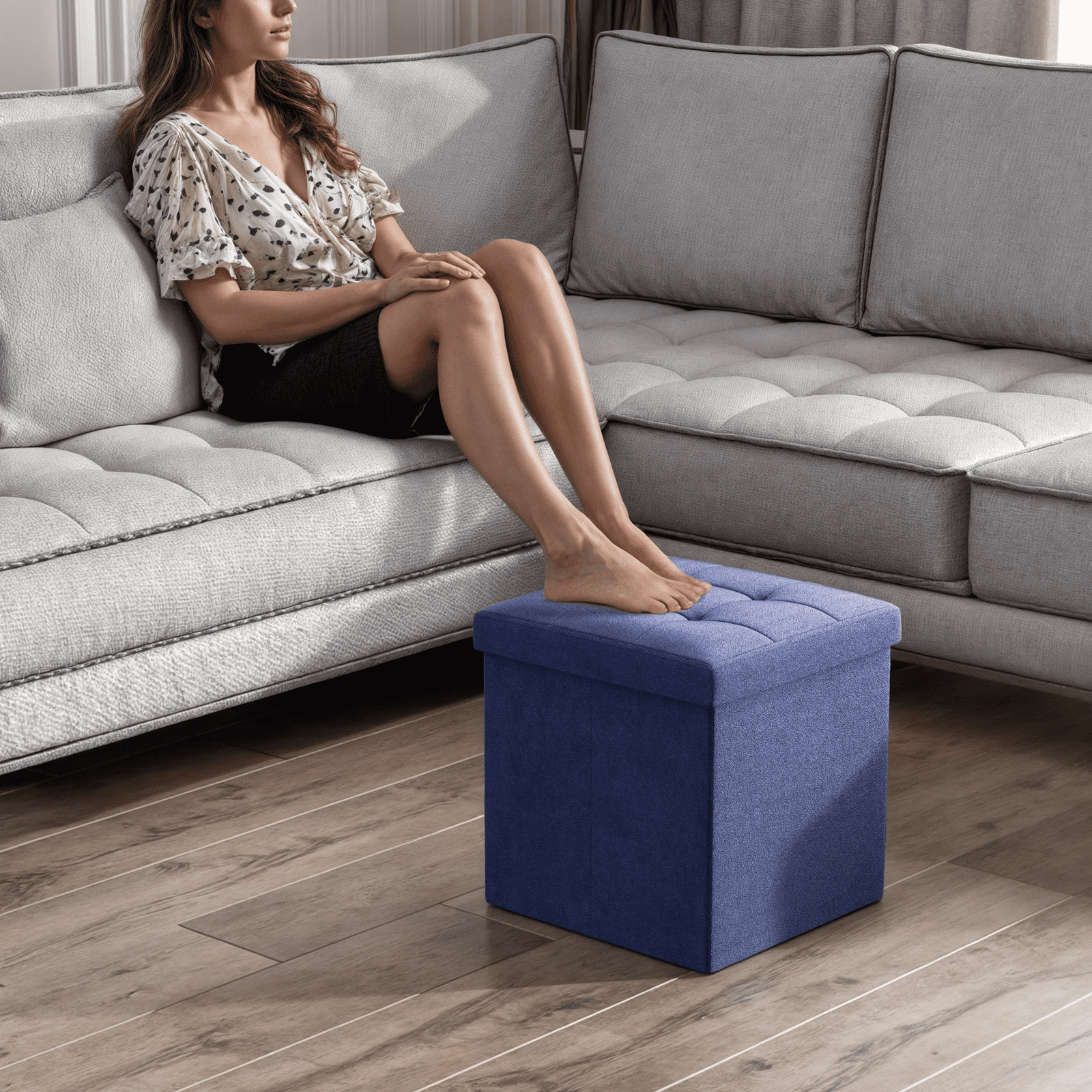 Magshion 15" Cube Folding Ottoman with Storage, Cotton-linen Collapsible Storage Ottoman Foot Stool, for Living Room Bedroom Entryway, Navy Blue