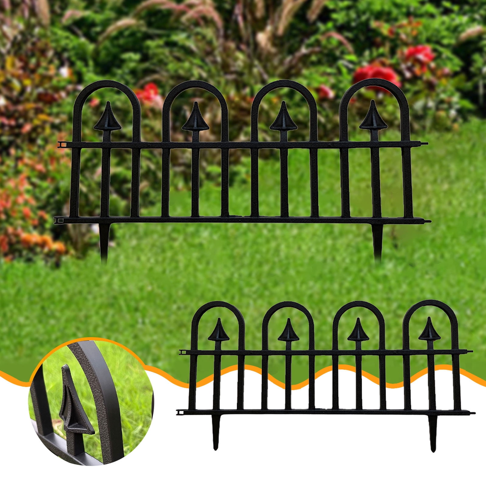 4-Pack Plastic Garden Fence Panels&nbsp;- 24" Flower Bed Edging with Ground Spikes, Weatherproof Landscape Border for Driveways, Lawns, Easy Assembly