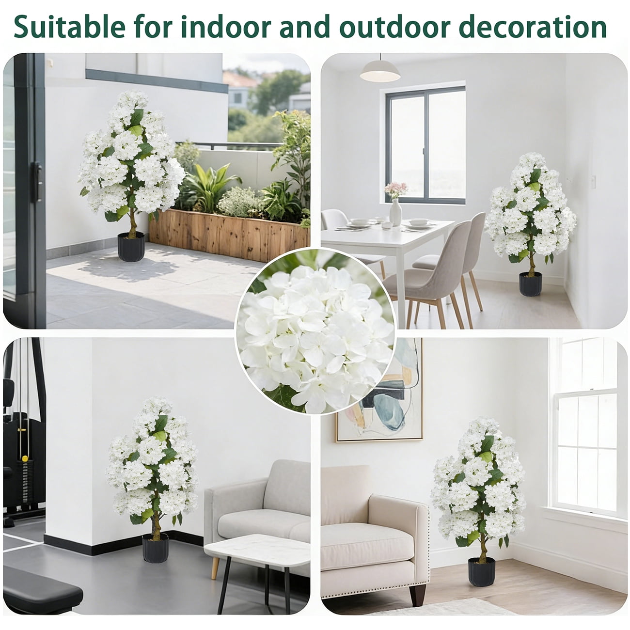 2Pcs 3-Foot Artificial Hydrangea Tree White and Evergreen Leaves Suitable for Indoor and Outdoor Bonsai Decoration