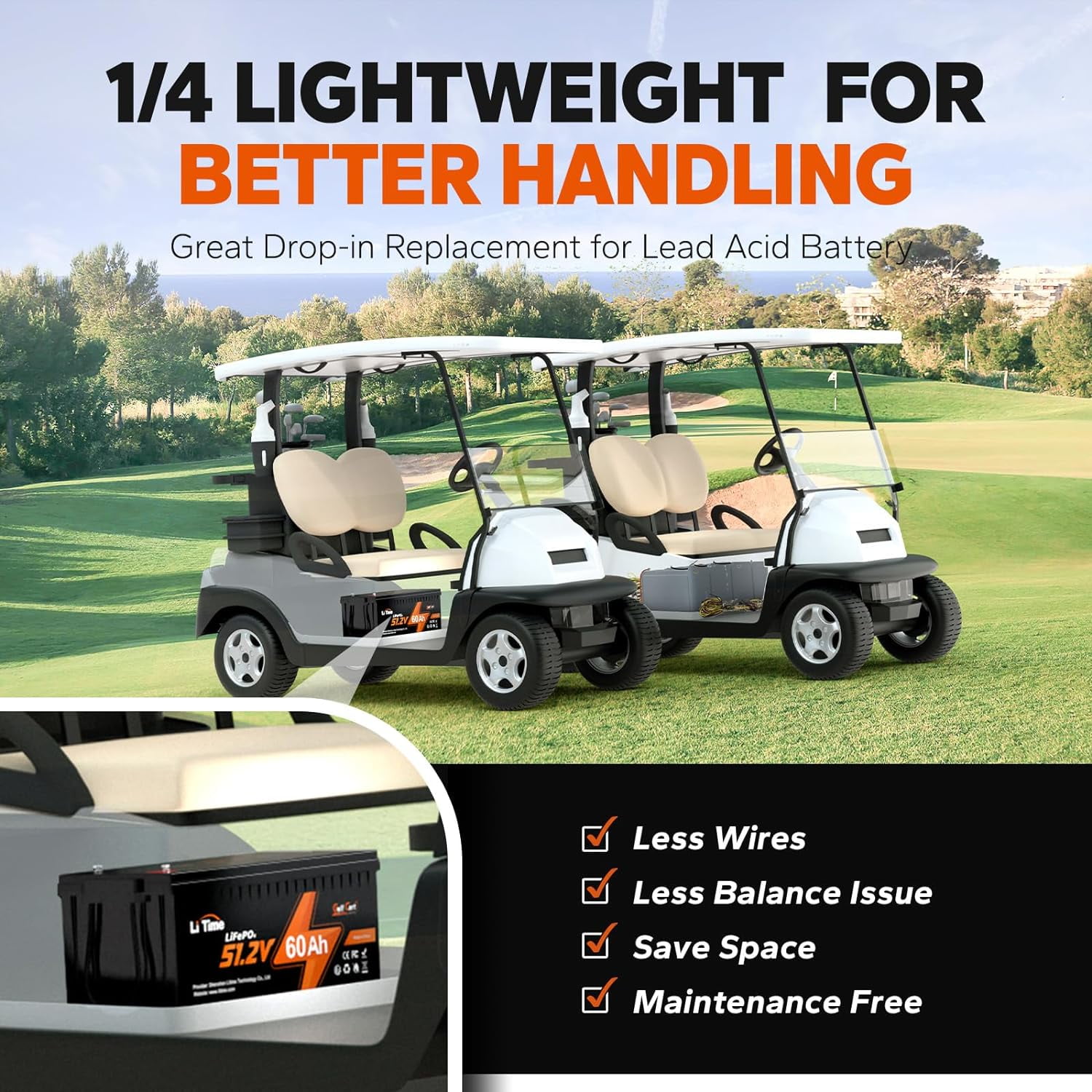 LiTime 48V 60Ah LiFePO4 Battery 120A BMS 4kW Motor Golf Cart Lithium Battery 3072Wh 6.14KW Output