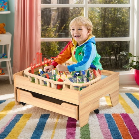 Kadyn Children's Wooden Railway Set Table with 100 Pieces Storage Drawers