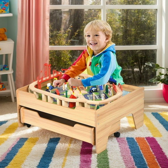 Kadyn Children's Wooden Railway Set Table with 100 Pieces Storage Drawers