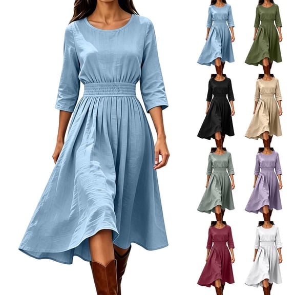 Bxsruta Womens Casual Midi Dress 3/4 Sleeve Pleated Flowy Dresses for Women Crew Neck Smocked Waist A-Line Swing Dress