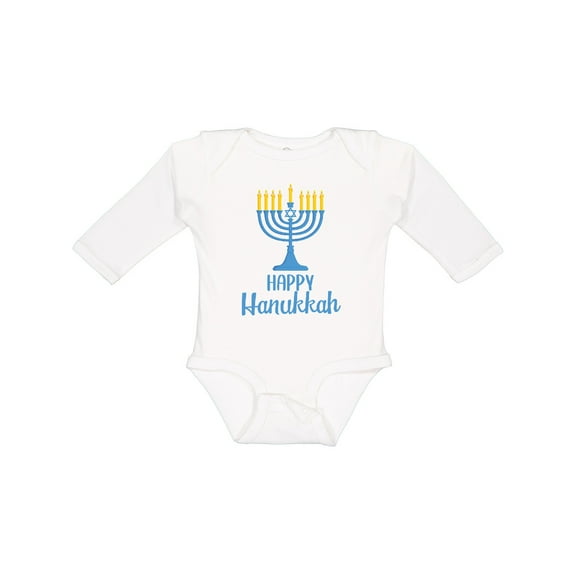 Inktastic Happy Hanukkah with Blue Menorah Boys or Girls Long Sleeve Baby Bodysuit