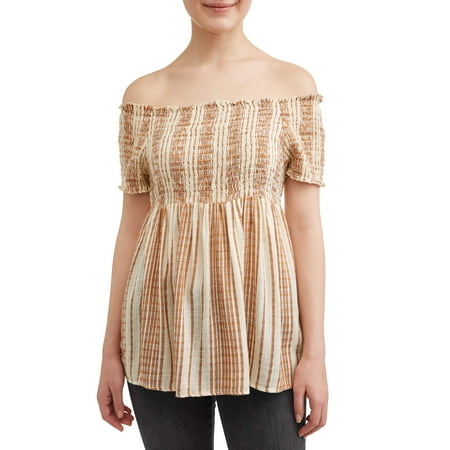 Off Shoulder Smock - Juniors' Striped Smocked Off the Shoulder Peasant Blouse