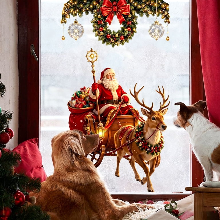 Santa Sleigh Reindeer Christmas Window Decals, PVC Festive Gift ...