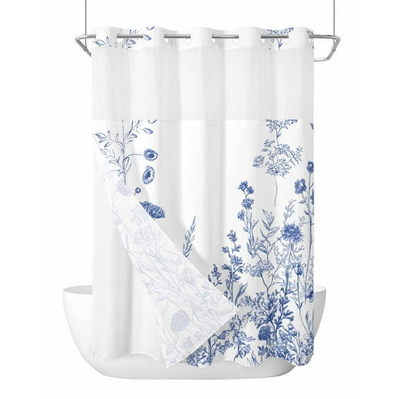 Anzona No Hook Shower Curtains, Blue White Spring Floral Stall Bathroom Curtain with Snap in Liner, Summer Flowers Farmhouse Waterproof Washable Fabric Bathroom Shower Curtain Sets, 48" x 72"