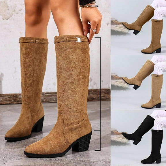Miluxas Women's Knee High Boots Suede Square Toe Chunky Heel Fall Winter Tall Boots Khaki 9.5(43)