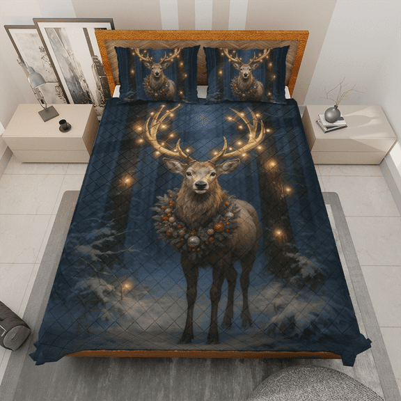 Reindeer Deer Snowy Lights Christmas Quilt Bedding Set - Winter Wonderland with Lights and Wreath Design - Reindeer Lovers - Christmas Gift