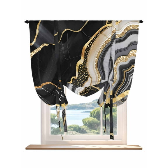Black Marble Tie Up Curtains for Windows 63 Inch Length Balloon Curtains Kitchen Adjustable Balloon Window Shade Grey Gold Texture Vintage Farmhouse Art Tie Up Valance Bathroom Curtain Window 42"x63"