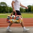 thumbnail image 5 of Christmas Hippie Camper Bus Quilted Duffel Bag, Floral Embroidery Large Capacity Weekender Travel Bag, Rainbow Strap Handheld Everyday Travel Sports Bag, 5 of 6