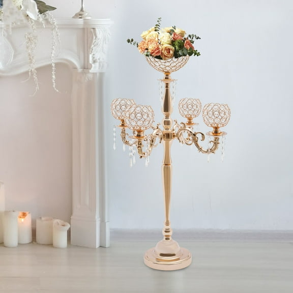 5-Arm Candle Holder with Flower Vase for Centerpieces, Golden Candle Holders, 35" Candle Stand