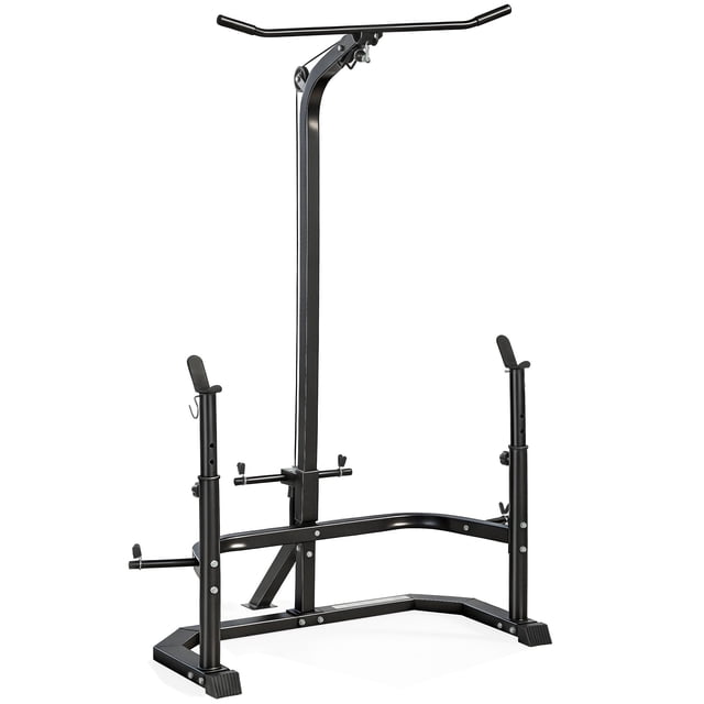 Soozier Multi-Function Home Gym Power Tower, Steel Squat Rack with Bench Press & Lat Pulldown System, Integrated Plate Storage, 440 lbs Capacity, Black, Home Workout Station