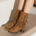 thumbnail image 2 of Tassel Mid Calf Dress Boots for Women 2025 Buckle Fringed Boho Side Zipper Chunky High Heel Short Boots, 2 of 7