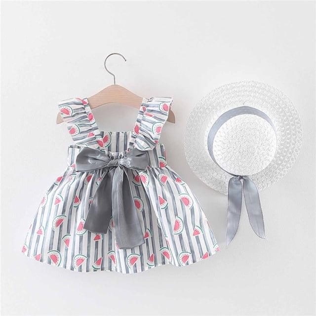 DPTALR Robe à Bretelles Imprimé Fleuri Décoration Nœud d'Été pour Bébé Fille avec Chapeau