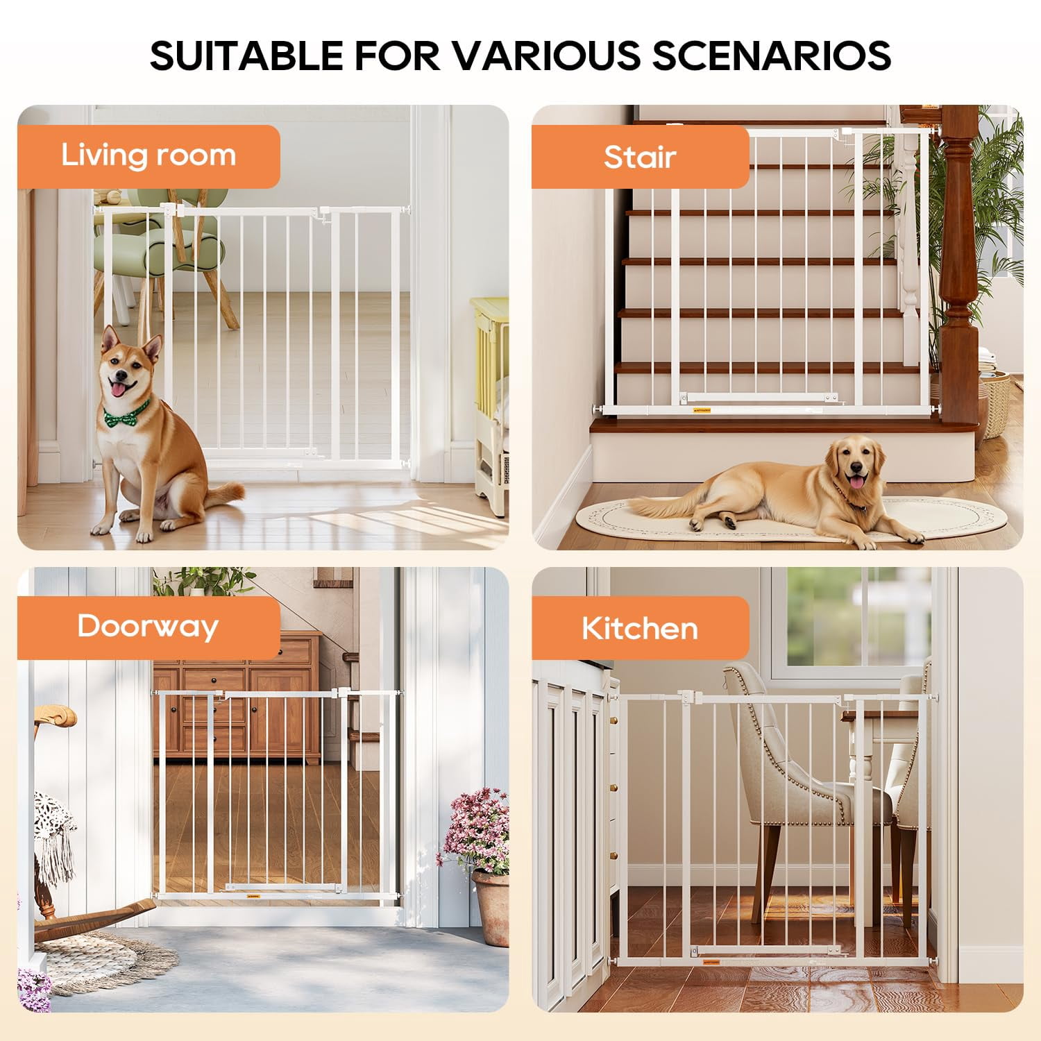 BORGEBY 36”Tall Dog Gate, Fits 28.5”-39.7” Wide Openings,Adjustable Safety Pets Gates for Stairs & Doorways,White