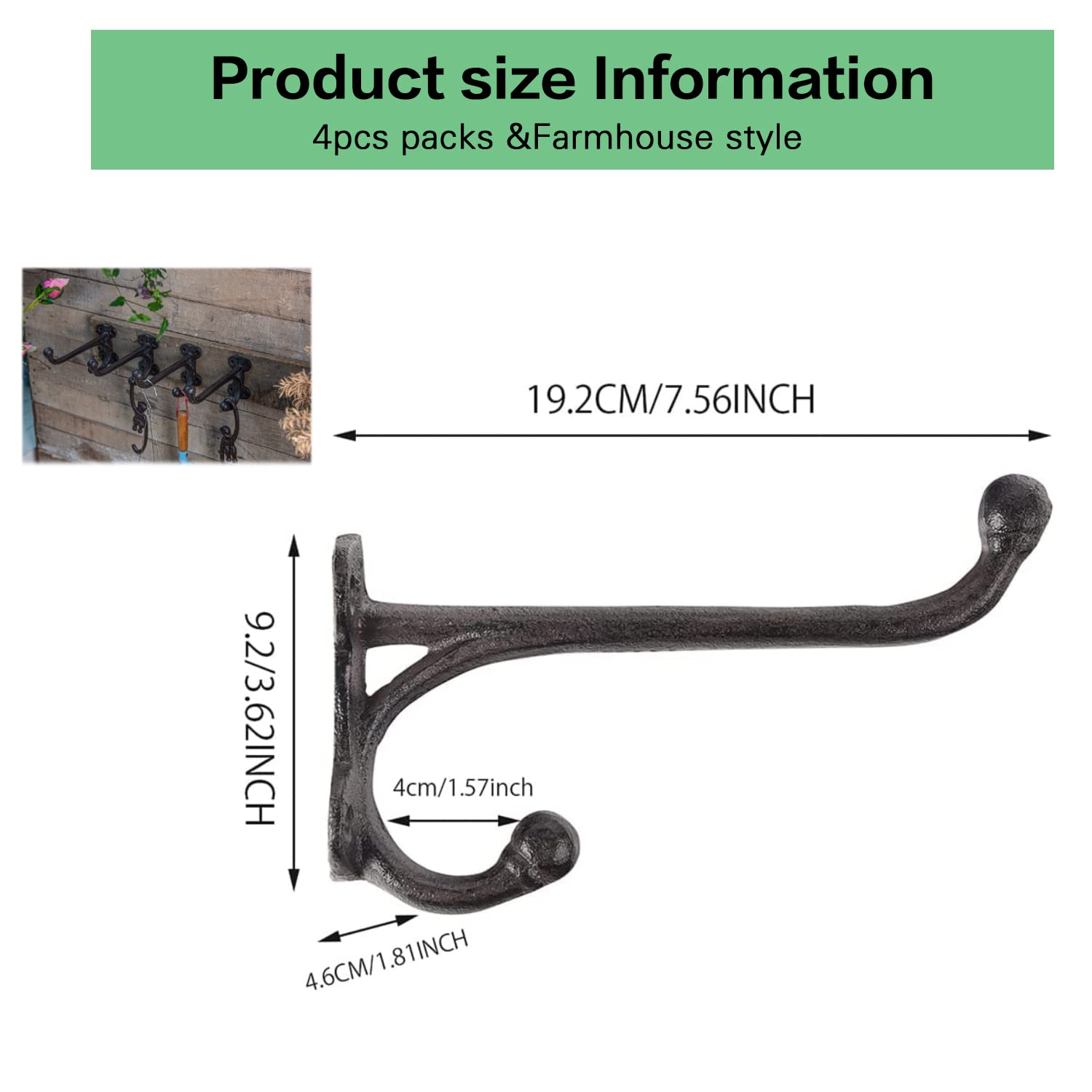 Sungmor 4PC Cast Iron Garage Hooks, 7.6“ Large Home Wall Hanging Clothing Organizer, Wall Mount Utility Garden Tools Storage Hanger for Multi Things, Solid Sturdy Wood Board Shelf Brackets