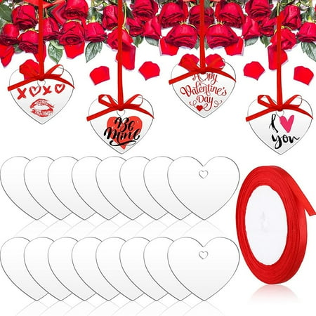 

60Pcs Valentine s Day Acrylic Ornament Heart Blank with Red Ribbon Blank Acrylic Ornament with Hole for DIY Craft 50mm