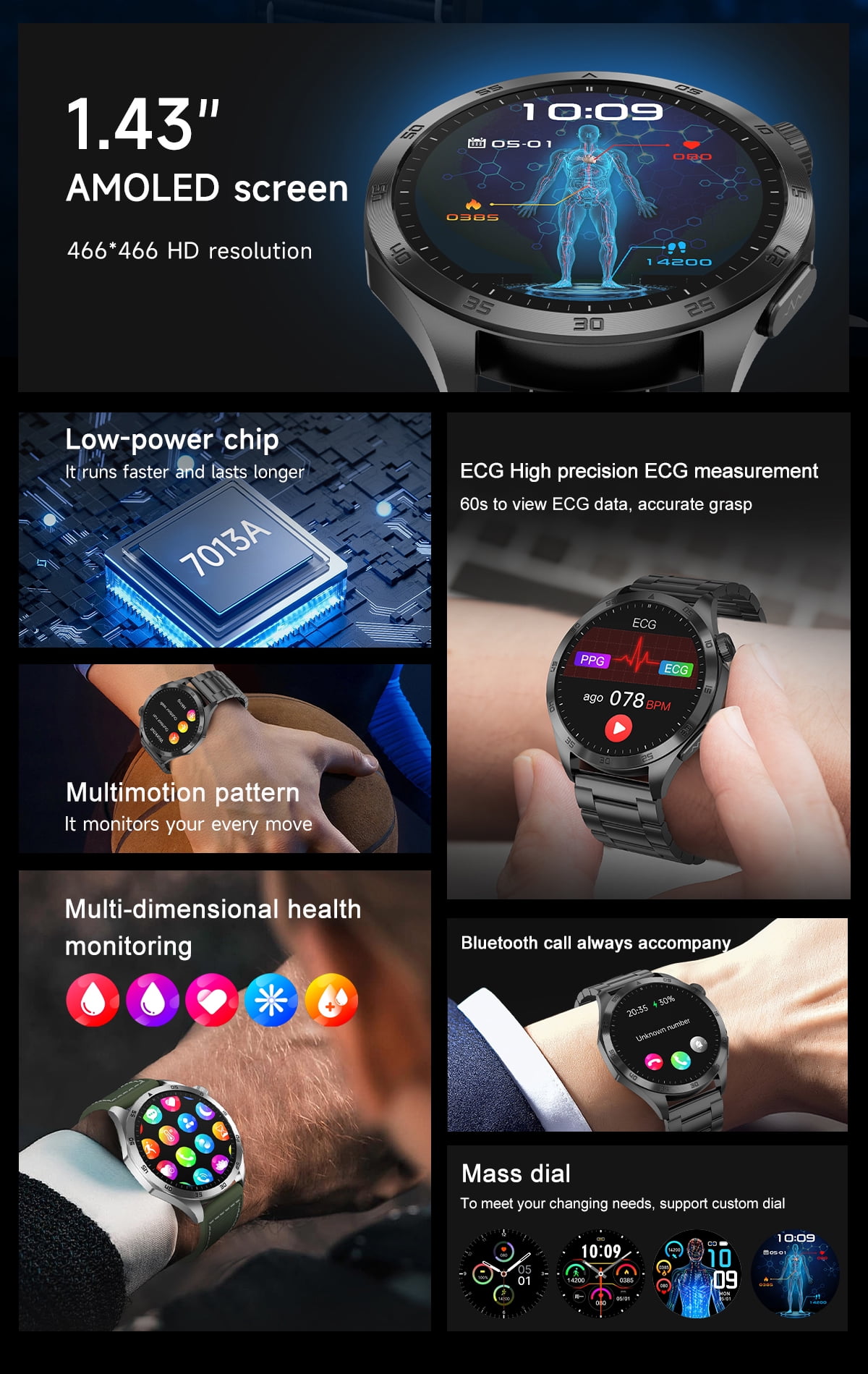 Laatikui ET485 smart watch for men 1.43 inch health monitoring fitness tracker waterproof IP68