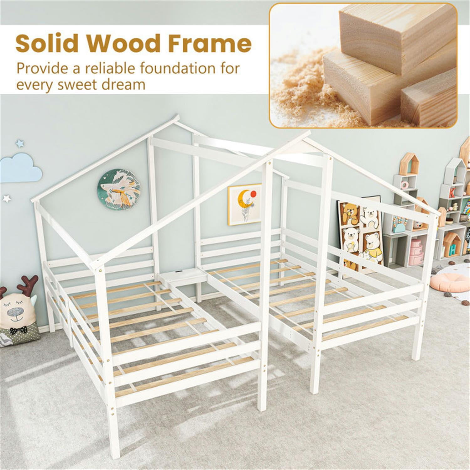Demi Bonn Double Twin Size Wooden Bed Frames with Built-in Table, Modern House Bed for Teens, White