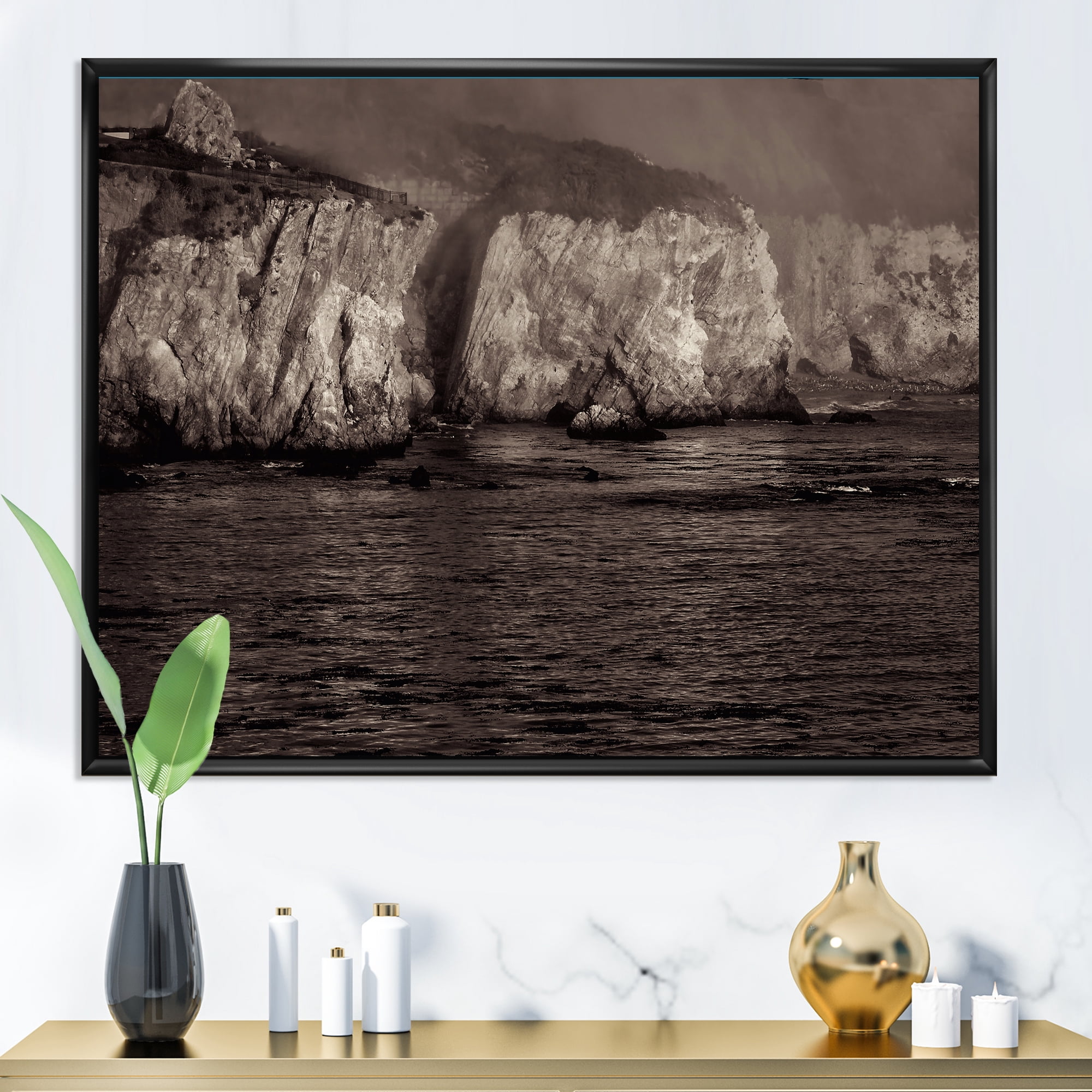 Designart 'Gold Cliffs Over Sea In The Fog' Modern Framed Canvas Wall Art Print