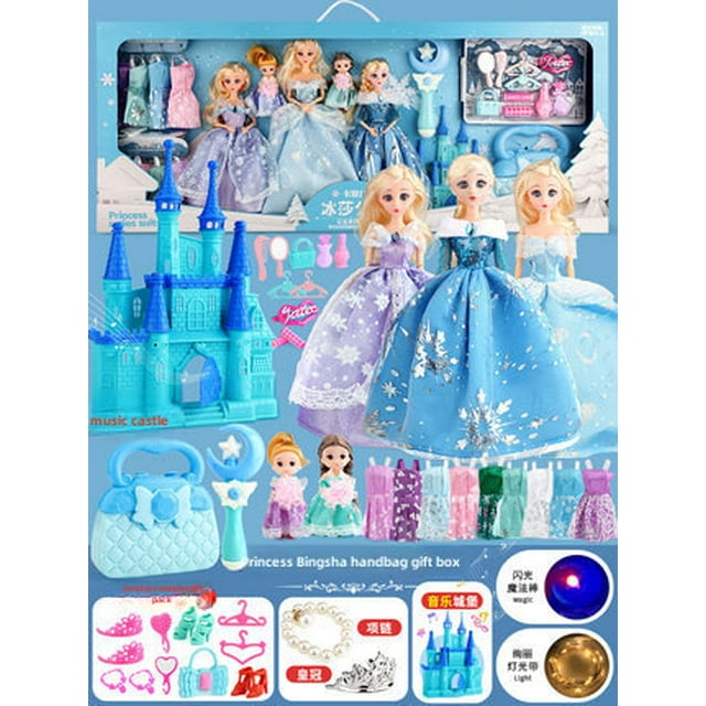 Princess Lissa & Elsa 5-Piece Extra Large Doll Set with Light-Up Gift Box – Includes 25 Accessories, Makeup Bag, Musical Castle & Flashlight Wand – High-Quality, Durable Toys for 4-6 Year Old Girls –