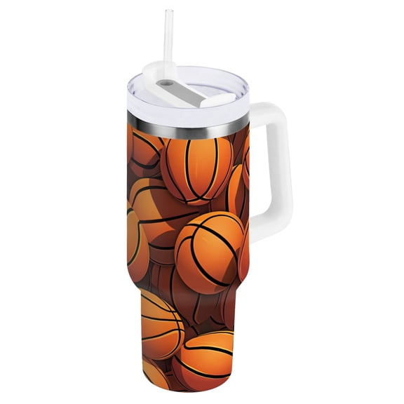 Basketballs 40 oz Tumbler with Handle and Straw Lid Vacuum Insulated Cup Leak-Proof for Water Iced Tea Coffee