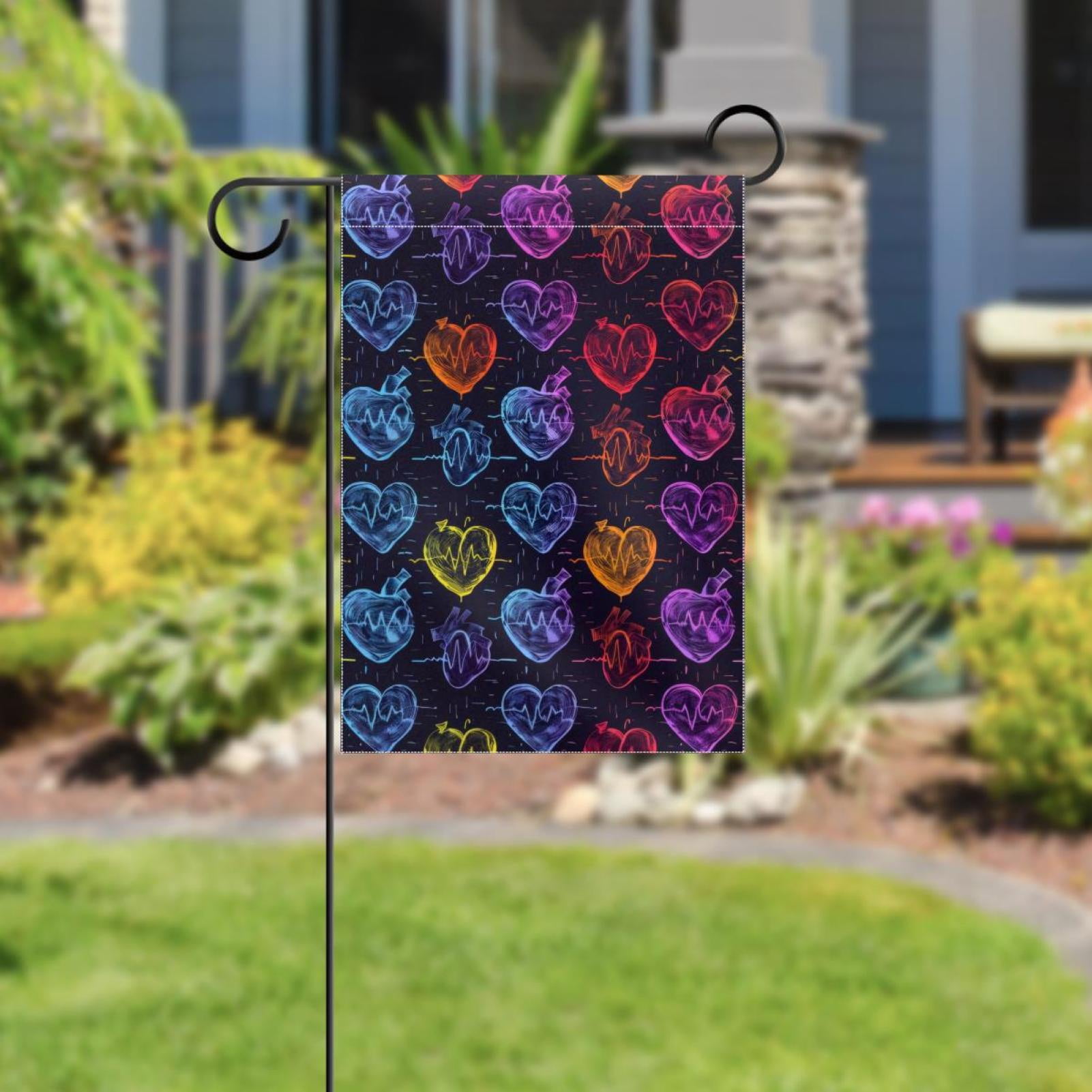 Electrocardiogram Heart Beat with Colorful Hearts Double Sided Garden Flag Decorative Weather Resistant Yard Flag, Large DIY Vertical Flag for Farmhouse Patio Lawn, 28x40 Inch