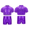 thumbnail image 5 of renvena Kids Girls Short Sleeves Sparkly Crop Top and Shiny Metallic Short for Cheerleading Performance Purple 14, 5 of 7
