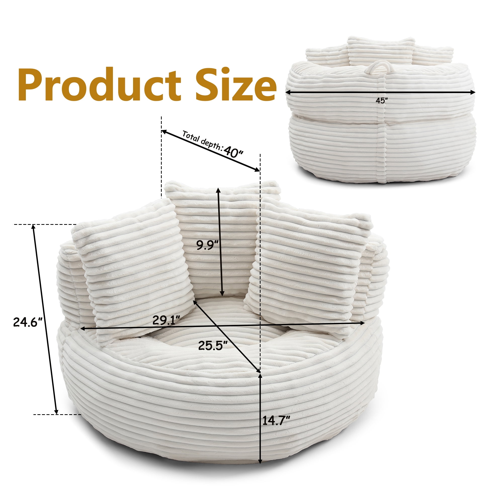 HIUU 45"Corduroy Bean Bag Chair with Pull String,Large Bean Bag Chair for Adults,Oversized Beanbag Couch for Bedroom,Fireplace Lazy Sofa Chair
