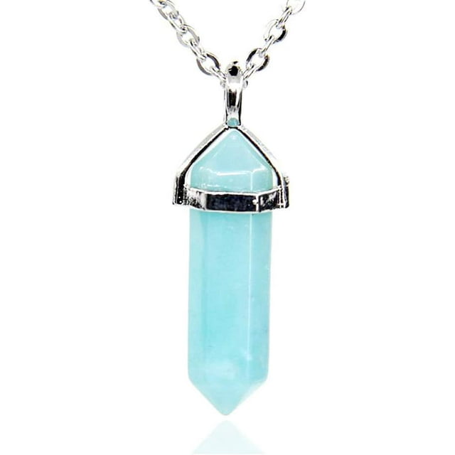 Collier Pendentif Reiki Chakra Hexagonal à Pointe Pointue en Pierre Précieuse d'Amazonite Bleue 18 Pouces