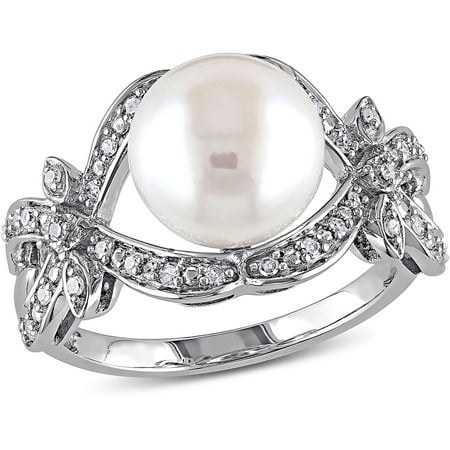 Miabella 9-9.5mm White Round Cultured Freshwater Pearl and 1/6 Carat T.W. Diamond 10kt White Gold Cocktail Ring