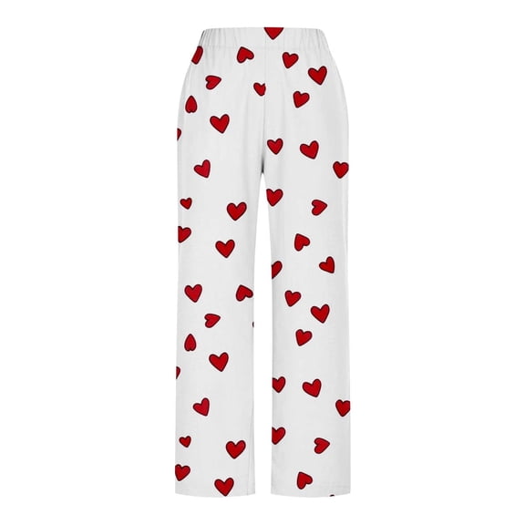 AHTJRT Cotton Linen Pants for Women High Waist Wide Leg Trousers Love Heart Patterns Print Pants with Pockets Side Split Slacks Multicolor L