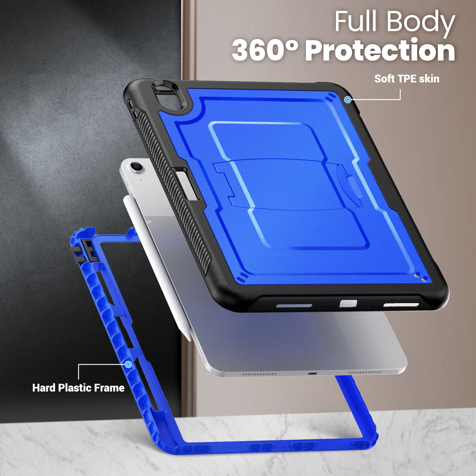 ELEHOLD Rugged Case with Pencil Holder For iPad Air 11-inch M3 (2025) / M2 (2024), Built-in Kickstand Double-Layer Protection Full-Body Shockproof Cover For Apple iPad Air 11 (2025/2024),Blue