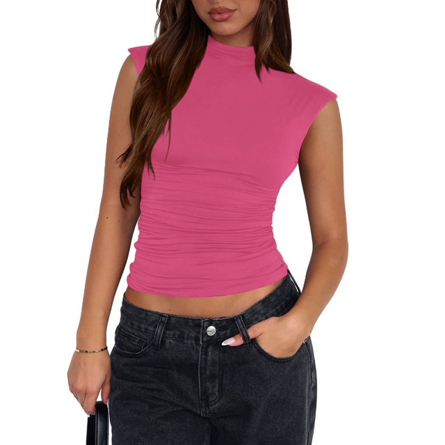 Sleeveless Crop Tops for Women Mock Neck Ruched Tank Tops Y2k Going Out Tops Solid Slim Fitted Shirts Rose Red M