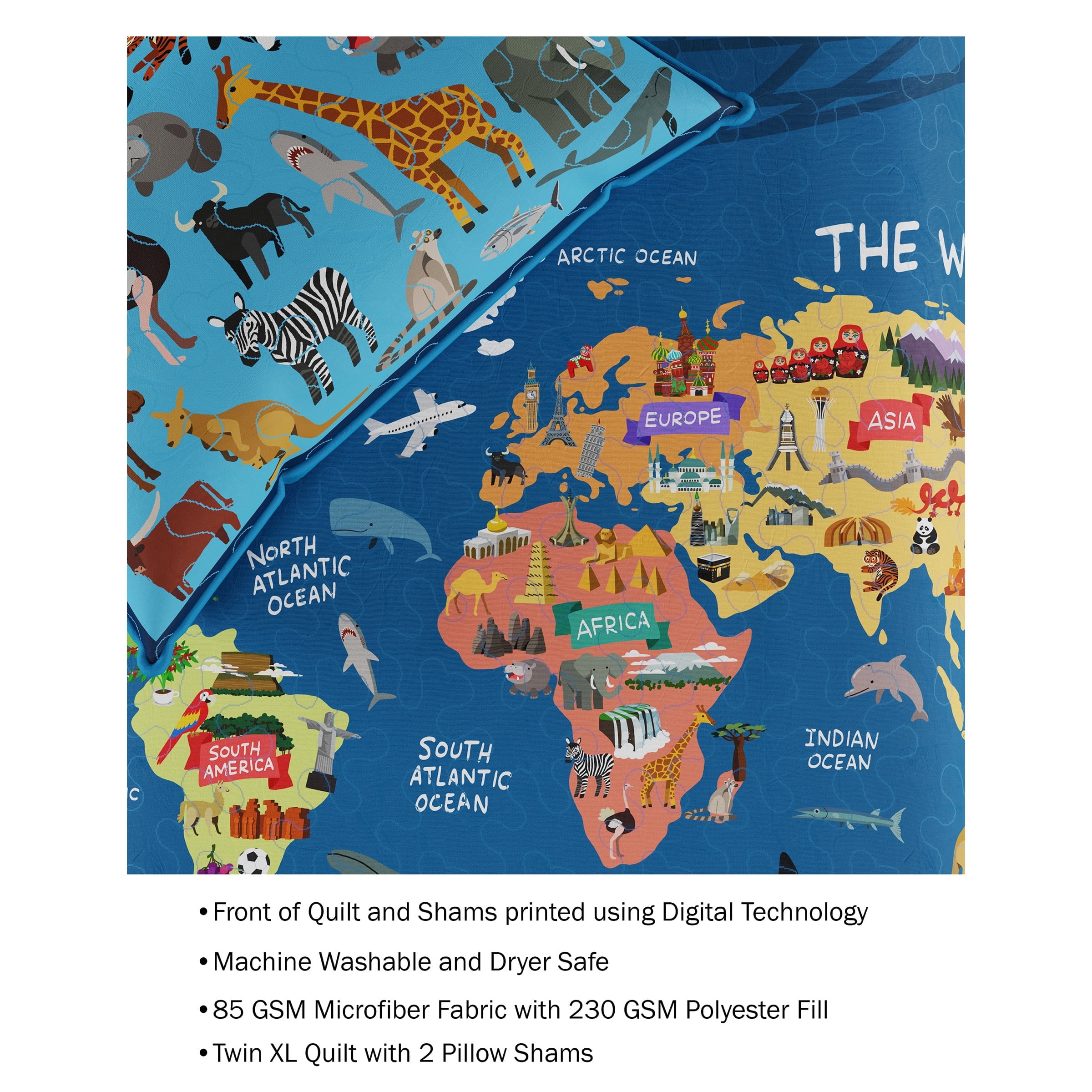 Somerset Home Landmark & Animal World Map Comforter Set for Children- Twin XL