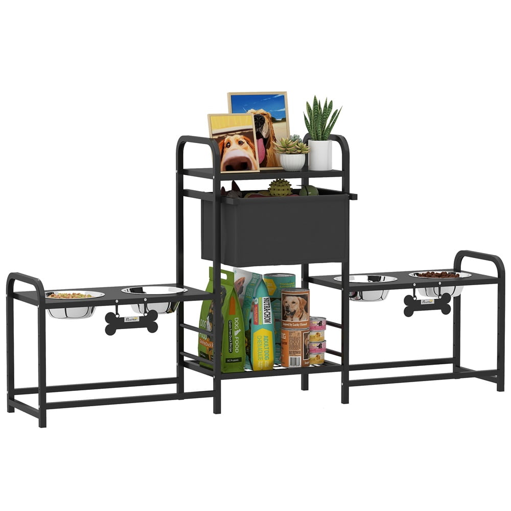 PawHut Dog Bowl Stand with 2 Feeding Stations, 3 Height Adjustable Elevated Dog Bowls with Toy Bin Basket, Lifted Food and Water Bowl, Black