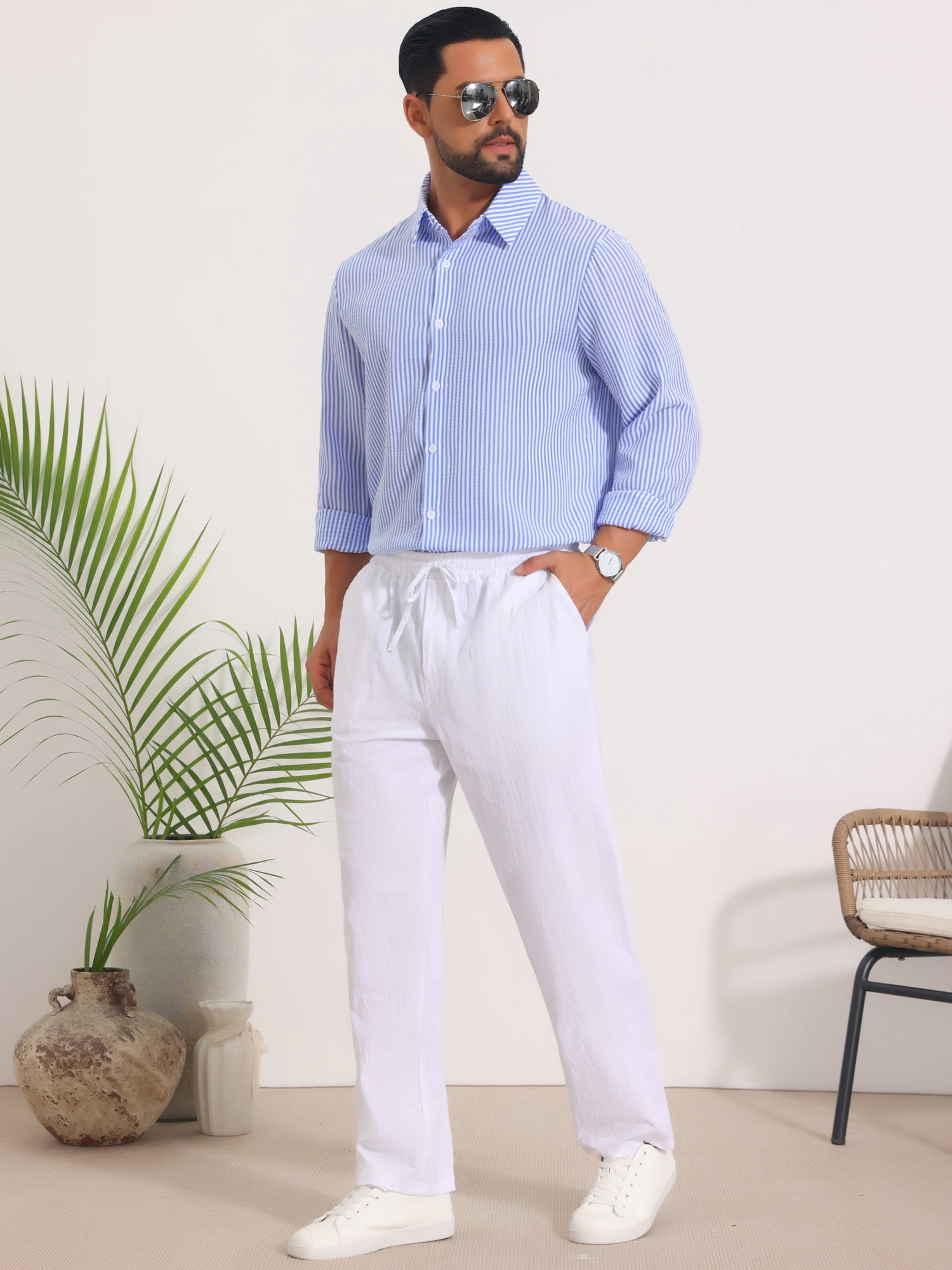 DARING DIVA Men's Seersucker Long Sleeve Button Down Textured Striped Shirts L Blue