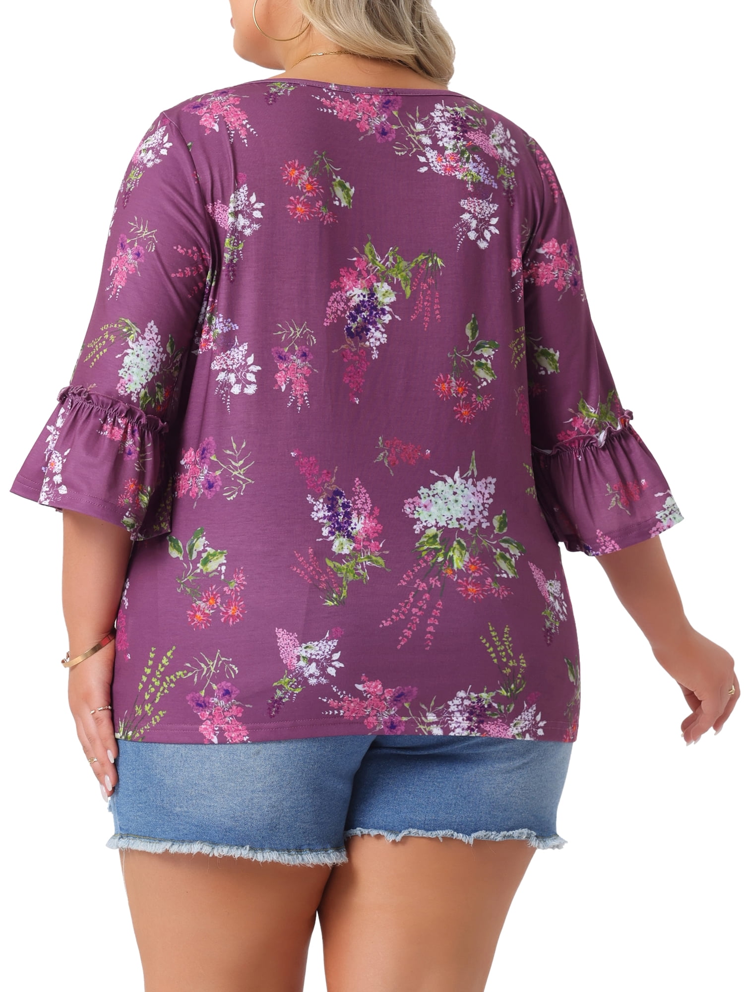 DARING DIVA Women's Plus 3/4 Ruffle Sleeve Boat Neck Floral Top 2X Purple