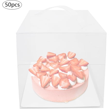 50Pcs Clear Cake Boxes Mini Cupcake Boxes Cake Carrier Box with Lid and Handle Square Dessert Boxes for Birthday Wedding Home Party Hotel (5.51*5.51*5.51in)